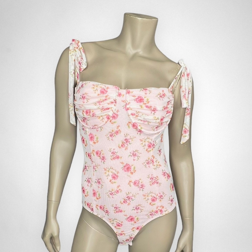 LULUS Large Dynamite Darling Pink Floral Tie-Strap Bustier Mesh Bodysuit‎ Summer